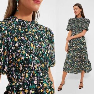 Hyacinth House Tuckernuck Samantha Smocked Black Floral Midi Dress Large NEW